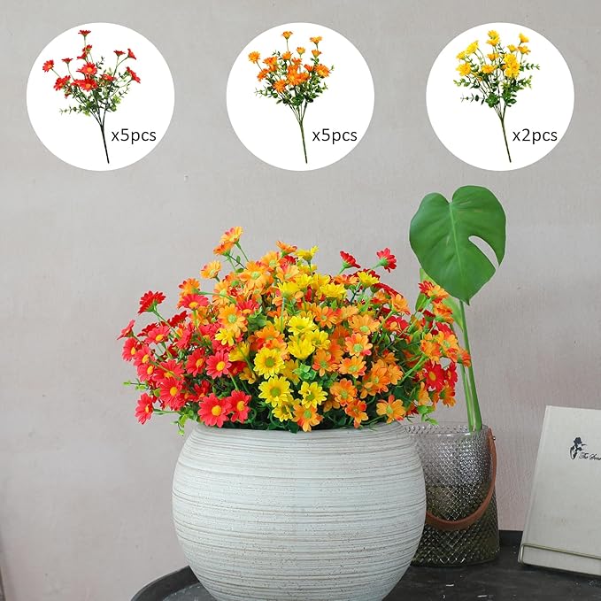 alyptus Fake Mums Artificial Flowers – 12 Bundles Fall Flowers for Outdoor Orange Display, Faux Mums UV Resistant Silk Plants for Porch, Patio, Garden, Thanksgiving Decor (Red 5, Orange 5, Yellow 2)