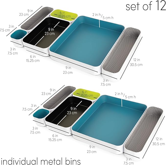 Three by Three Seattle 12 Piece Metal Organizer Tray Set for Storing Makeup, Stationery, Utensils, and More in Office Desk, Kitchen and Bathroom Drawers (2 Inch, Assorted Colors, Stripes)