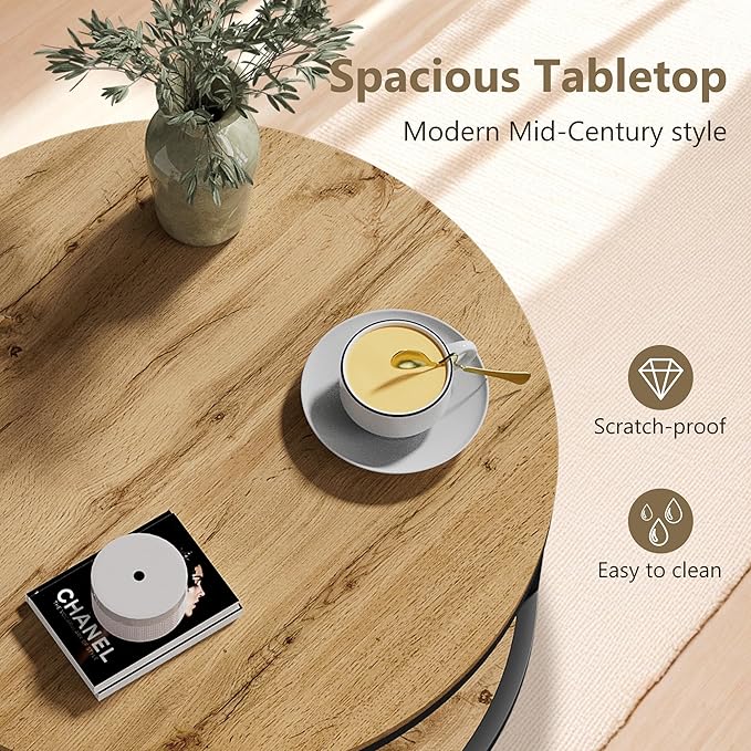 NSdirect Round Coffee Table, 36in Rustic Wooden Surface Top & Sturdy Metal Legs Industrial Sofa Table for Living Room Modern Design Home Furniture with Storage Open Shelf (Natural Walnut)