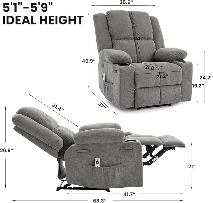 Manual Recliner Chair with Heating & Massage,Ergonomic Overstuffed Breathable Fabric Reclining Chair with Side Pockets,Q235 Steel Frame Lazy Boy Recliner Single Sofa for Living Room Bedroom