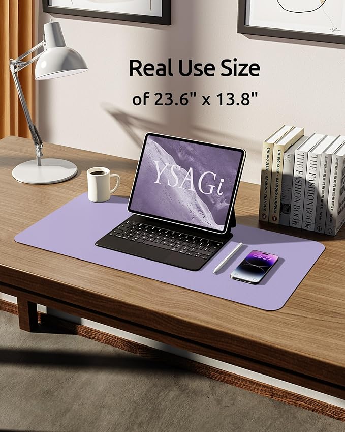 YSAGi Leather Desk Protector, Office Mat, Large Mouse Mat, Non-Slip PU Leather Blotter, Laptop Pad, Waterproof Writing Pad for Office and Home (Light Purple, 23.6" x 13.8")