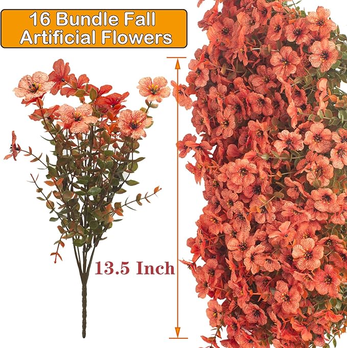 Fall Outdoor Artificial Flowers 16 Bundles - UV Resistant Faux Daisy with Eucalyptus Leaves, Weatherproof Fake Plants for Porch, Patio, Garden Decor, Indoor Outdoor Decor (Fall Orange Red)