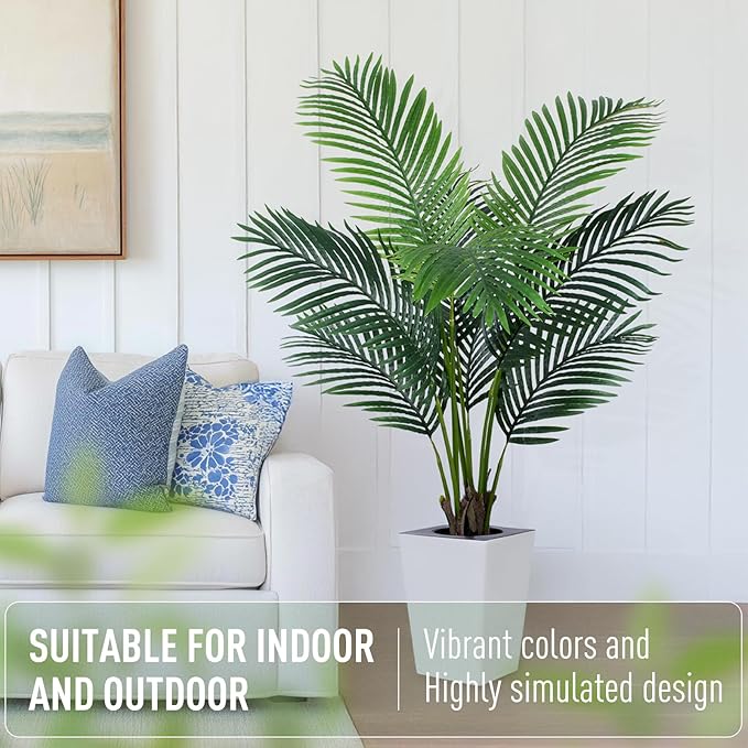 5FT Artificial Palm Tree with White Tall Planter - Fake Tree Areca Floor Plant in Pot - Artificial Silk Plants for Indoor Home Office Decor