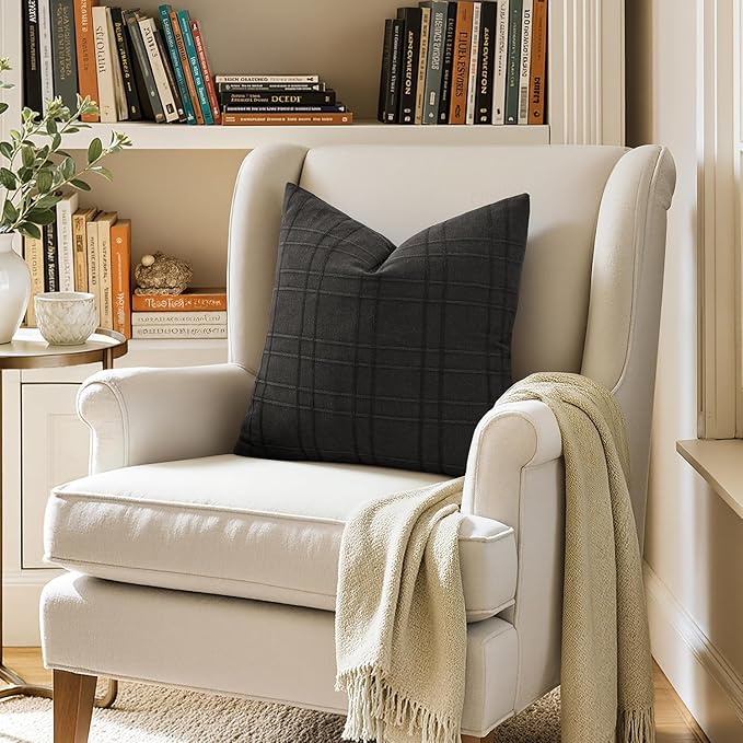 MIULEE Decorative Linen Check Throw Pillow Covers Neutral Farmhouse Vintage Pillow Covers 18x18 Set of 2 Boho Modern Home Decor for Sofa Couch Bedroom Cushion Black