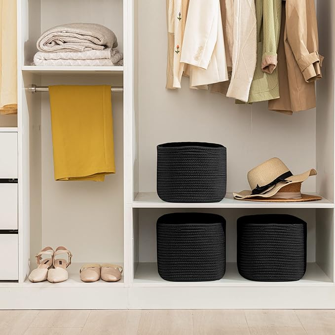 UBBCARE 3-Pack Woven Rope Shelf Baskets - 15x10x9in Decorative Storage Basket for Toys, Kids Playroom, Closet Organization & Cube Storage Organizer | Gift Basket Empty, Black