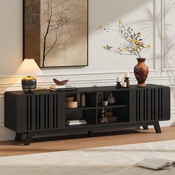 ONBRILL 70-Inch TV Stand for TVs up to 80 Inch, Mid-Century Modern Television Stand with Power Outlet， Entertainment Center with Sliding Grille Door Cabinets and Open Shelves for Living Room, Black