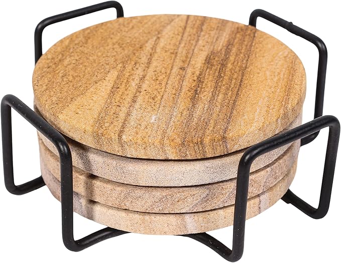 Sandstone Water Absorbent Hand Crafted Round Coasters for Drinks - 4 Inches Wide Thirsty Stone Bar/Drink Coasters- Made from Rainbow Sandstone (Set of 4 with Holder)