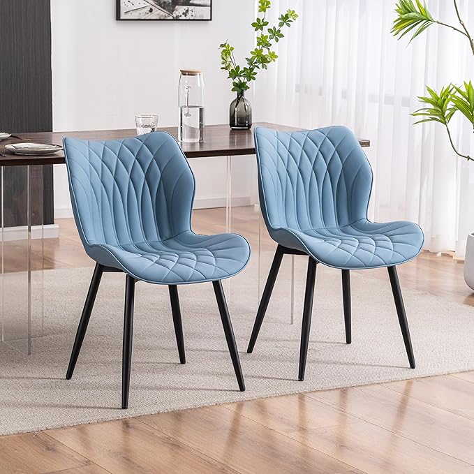 Kidol & Shellder Modern Dining Chairs Set of 2 Comfy Dining Room Chairs with Thick Cushions PU Leather Upholstered Kitchen Side Chairs with Metal Legs Blue
