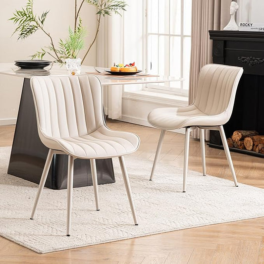 YOUNUOKE Mid-Century Modern Dining Chairs Set of 2, Cream PU Leather Upholstered Kitchen Chairs with Cream Metal Legs, Armless Accent Chair for Dining Room, Guest Reception Room