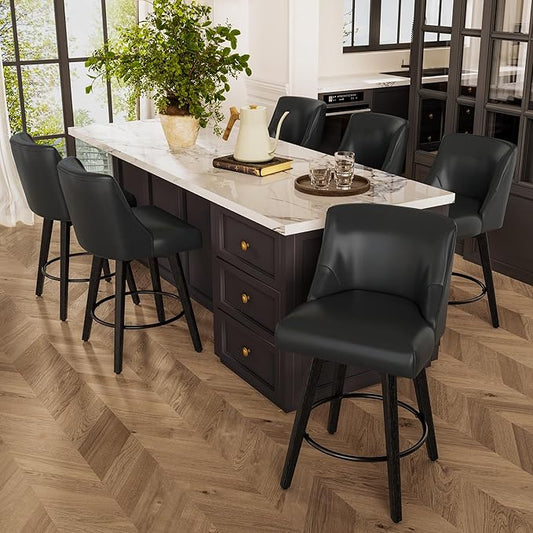 Counter Height Bar Stools Set of 6, Modern Swivel Barstools with Back and Wood Legs, Faux Leather Upholstered Bar Chairs, 26" H Kitchen Counter Stools, Kitchen Island Home Bar, Black Grey