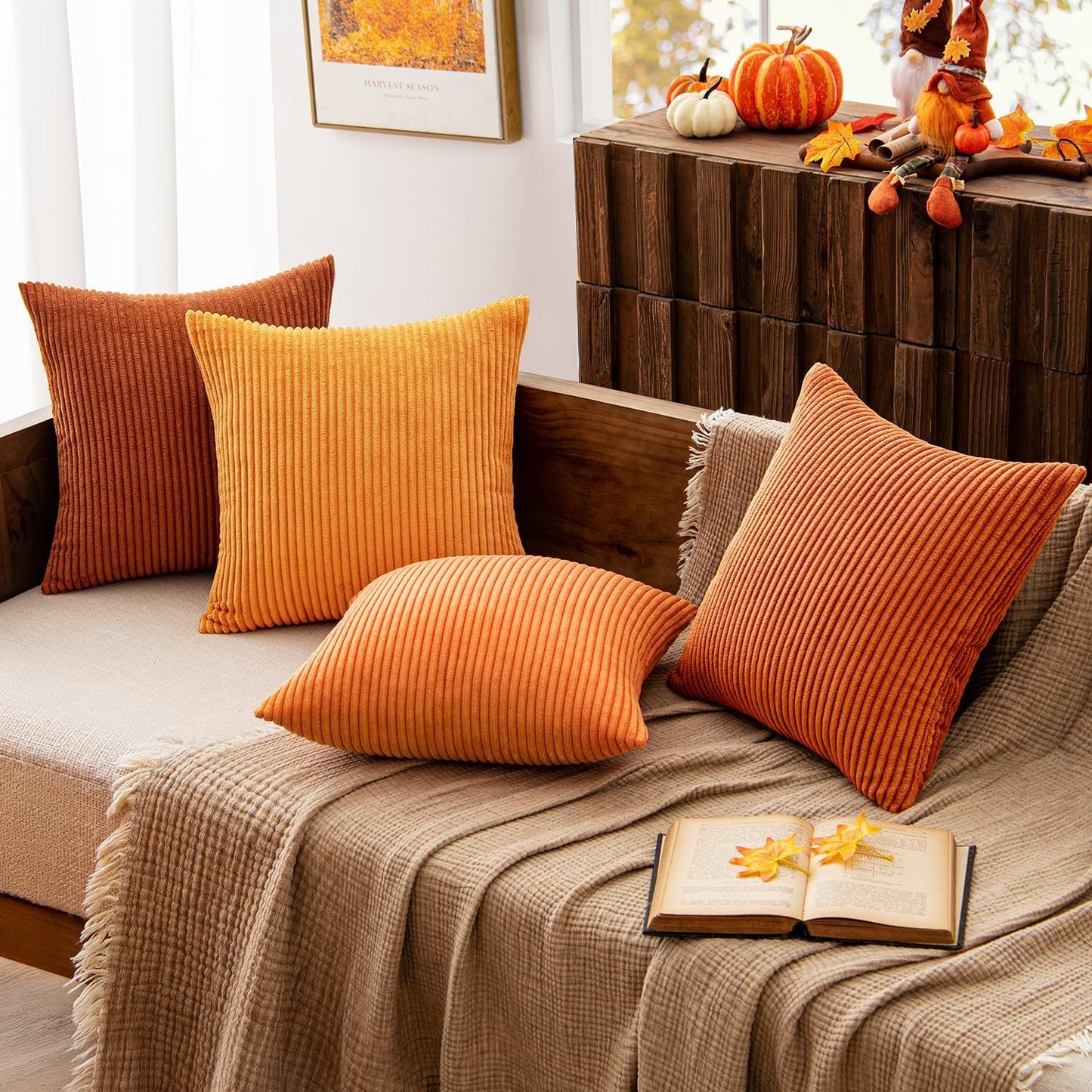 MIULEE Boho Farmhouse Fall Throw Pillow Covers 18x18 Inch Set of 4 Mordern Nordic Cushion Covers Soft Corduroy Home Decor for Couch Bed Sofa Living Room Orange Rust