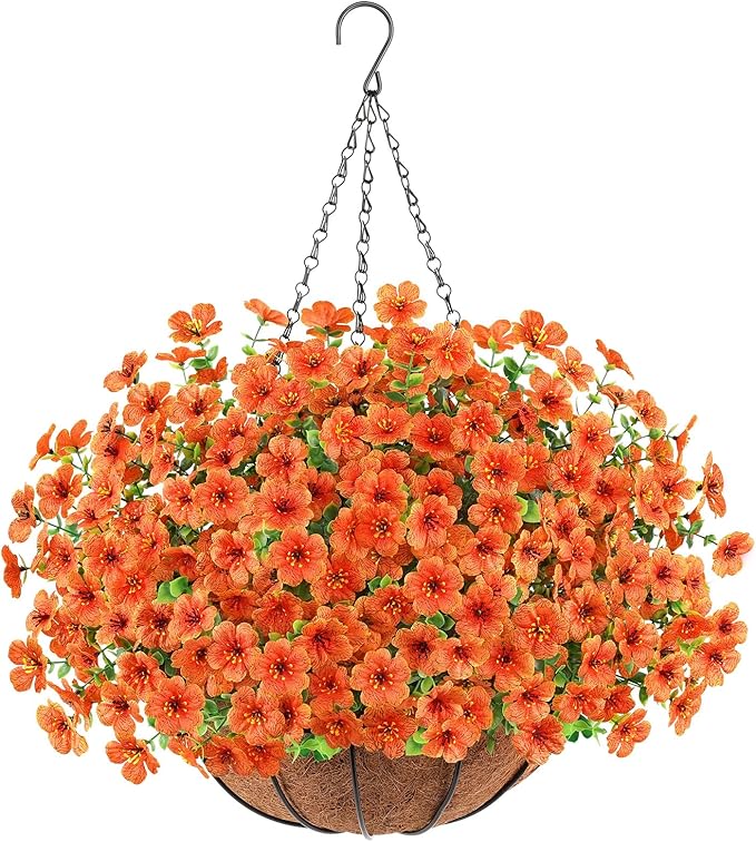 Artificial Fall Flowers Hanging Plants in Basket, Artificial Hanging Flowers for Autumn Outdoor Indoor Decor, UV Resistant Hanging Baskets with Fake Flowers for Fall Patio Garden Porch Deck Decoration
