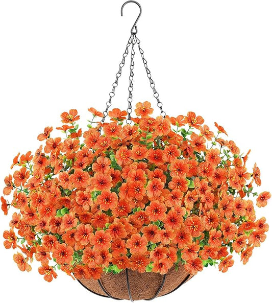 Artificial Fall Flowers Hanging Plants in Basket, Artificial Hanging Flowers for Autumn Outdoor Indoor Decor, UV Resistant Hanging Baskets with Fake Flowers for Fall Patio Garden Porch Deck Decoration