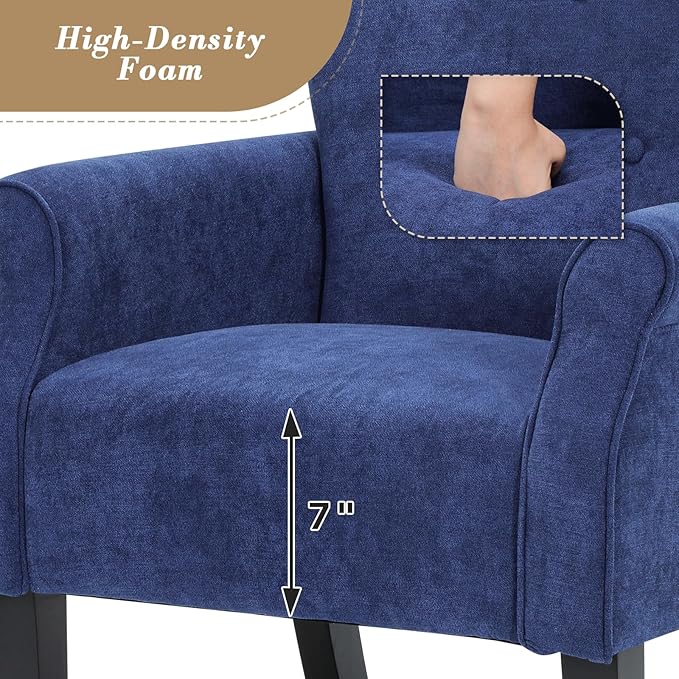 Athena Collection Mid Century Modern Chair for Living Room, Upholstered Wingback Reading Chair for Adults, Comfy Linen Fabric Armchair with Wooden Legs for Bedroom, Dorm, Balcony, Blue
