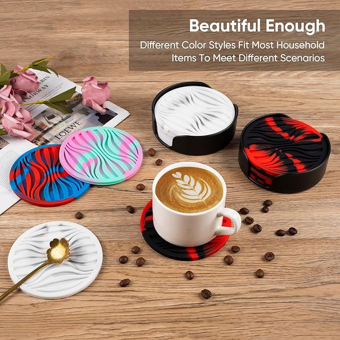 6 Pack Rubber Drink Coasters,Coasters for Drink with Holder,Silicone Cup Mat Non-Stick,Non-Slip,Thickened Live for Hot or Cold Drink(Black White)