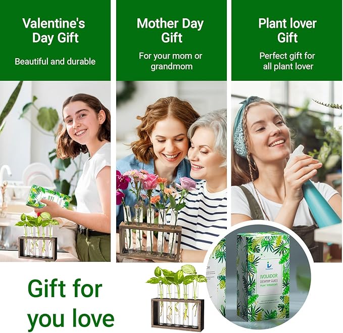 Propagation Station, Plants Terrarium, Plants Lover Gifts for Women,Plant Cutting Holder Home décor,Gifts for Women,House Warming New Home-5 Tubes-Brown