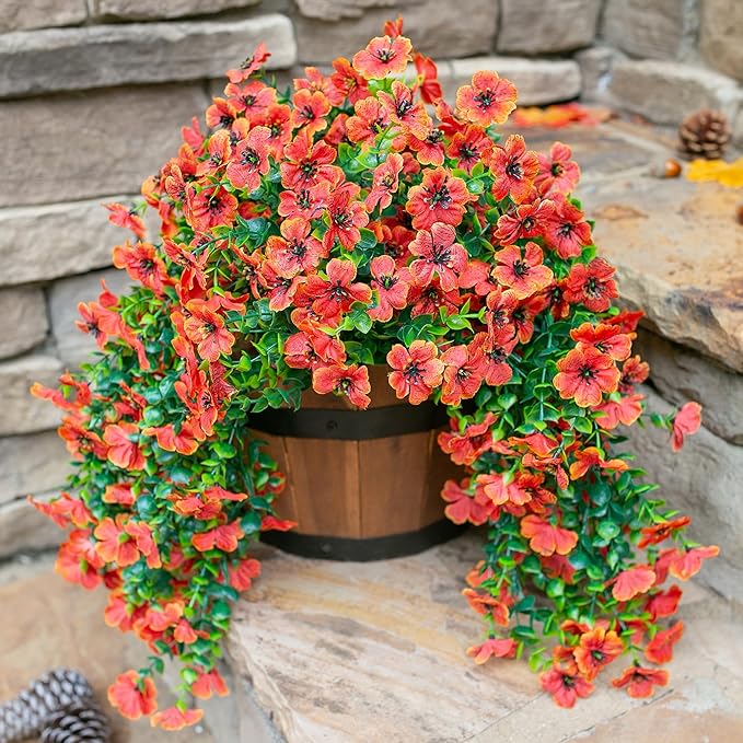 INSPRING Fall Fake Mums Artificial Flowers Hanging Decoration for Outdoors, 2Pcs Orange Daisy with Autumn Eucalyptus Leaves, Realistic Plants Decor, Silk Flower for Porch Patio Balcony Planter Yard