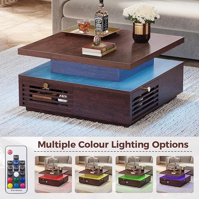 IRONCK Coffee Table with LED Light and Charging Station, 4 Storage Drawers with Grille Design, Square Coffee Table for Living Room Office Reception Room (Walnut)
