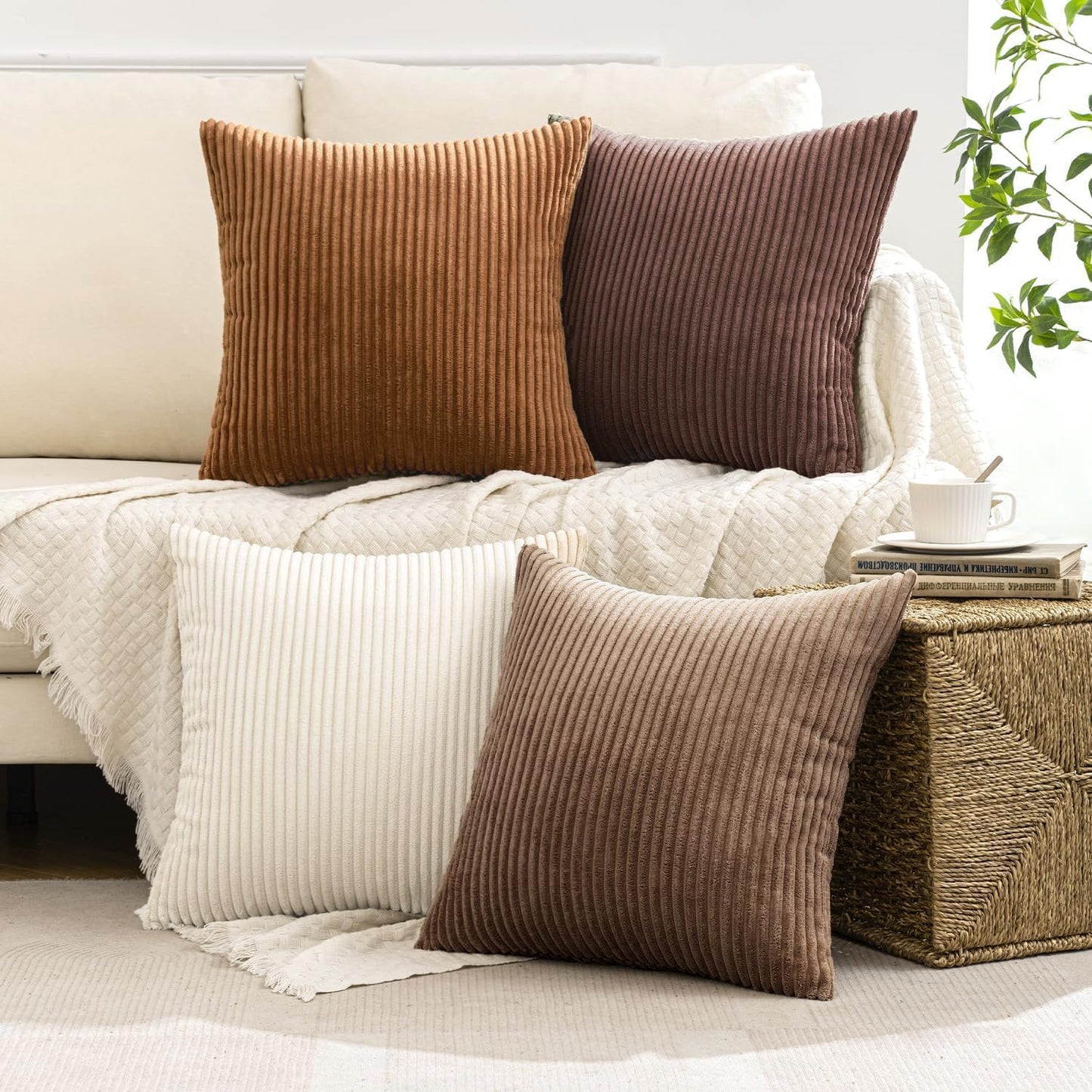 MIULEE Boho Farmhouse Fall Throw Pillow Covers 18x18 Inch Set of 4 Rustic Mordern Neutral Cushion Covers Soft Corduroy Nordic Home Decor for Couch Bed Sofa Living Room Brown