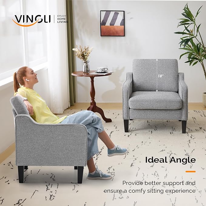 VINGLI Accent Chairs for Living Room Mid Century Modern Chair Sofa Chair Upholstered Arm Chair with Scooped Arms for Bedroom, Apartment, Office, Studio, Waiting Room, Play Room