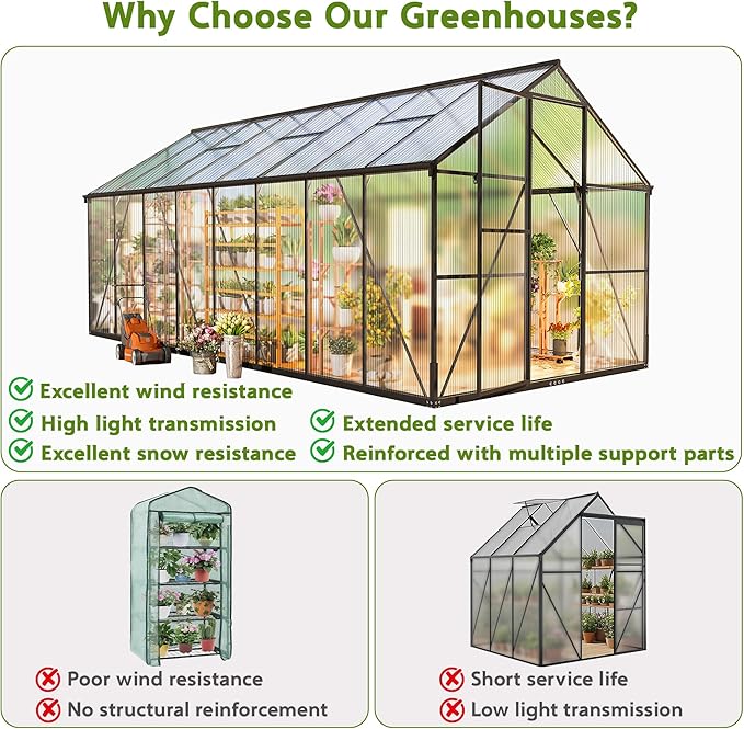 Wanan 8x16FT Greenhouses for Outdoors, Quick Assembly Polycarbonate Green House with UV Protection, Heavy Duty Windproof Aluminum Frame, Adjustable Roof Vent for Backyard or Outdoor Garden Use