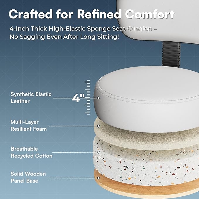 SUPERJARE Drafting Chair with Back, Adjustable Foot Rest Rolling Stool, Multi-Purpose Office Desk Chair, Thick Seat Cushion for Home Bar Kitchen Shop - White