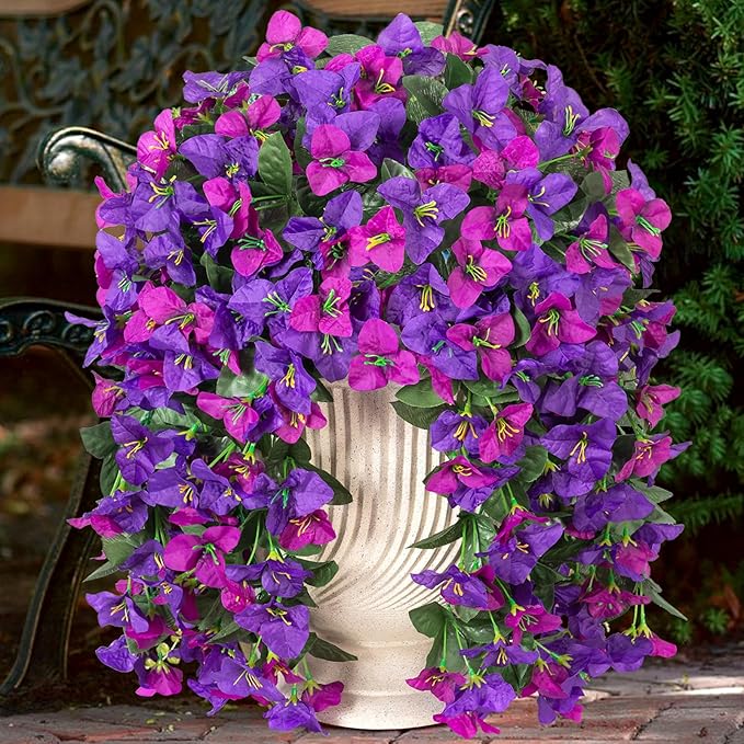 2 pcs Artificial Faux Bougainvillea Flowers Plants for Outdoor Outside Summer Decoration, Fake Silk UV Resistant Long Trailing Vines for Front Door Porch Planter Balcony, Deep Purple Deep Lotus