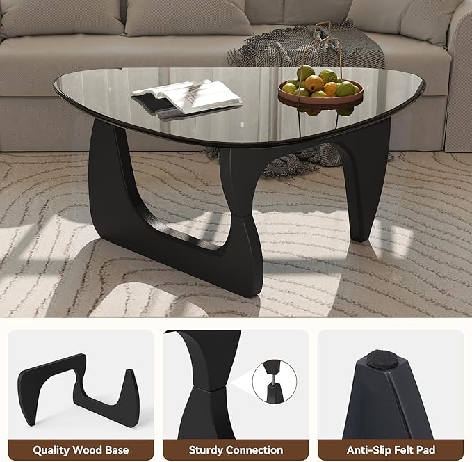 Modern Glass Coffee Table, Triangle Center Table with Tempered Glass Top& Unique Wooden Base, 35.5” Mid Century Tea Tables for Living Room, Apartment, Office,Black & Grey