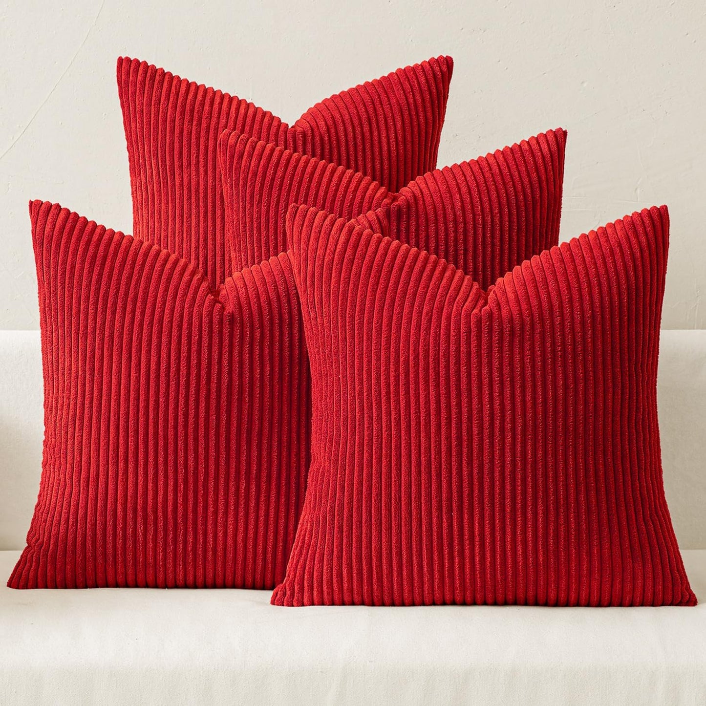 MIULEE Boho Farmhouse Throw Pillow Covers 18x18 Inch Set of 4 Mordern Nordic Cushion Covers Soft Corduroy Home Decor for Couch Bed Sofa Living Room Christmas Red