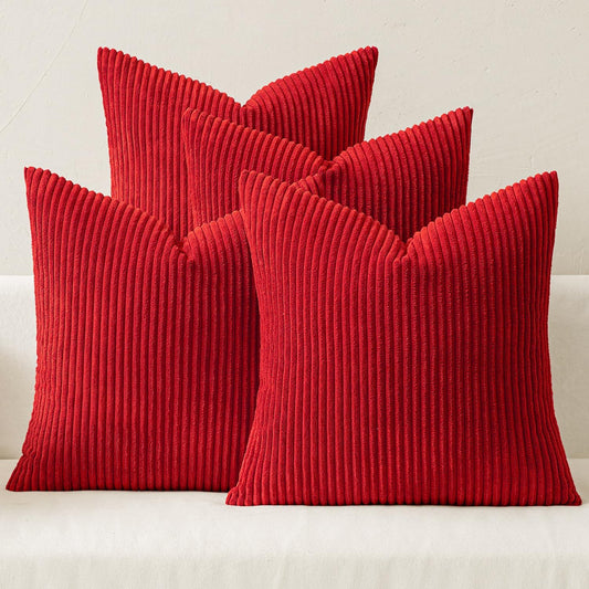 MIULEE Boho Farmhouse Throw Pillow Covers 18x18 Inch Set of 4 Mordern Nordic Cushion Covers Soft Corduroy Home Decor for Couch Bed Sofa Living Room Christmas Red