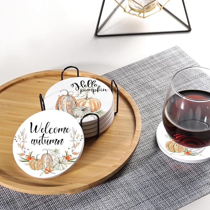 Fall Drink Absorbent Coasters with Holder Set of 6, Ceramic Stone with Cork Base, Autumn Watercolor Orange Pumpkin Pattern Coaster for Drinks, Gift for Housewarming Room Bar Home Decor Kitchen