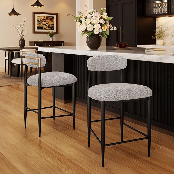 Morden Fort Counter Height Bar Stools Set of 2, Modern Upholstered Counter Stools with Black Metal Legs and Gold Accent, 26" Boucle Island Chairs for Kitchen and Home Bar