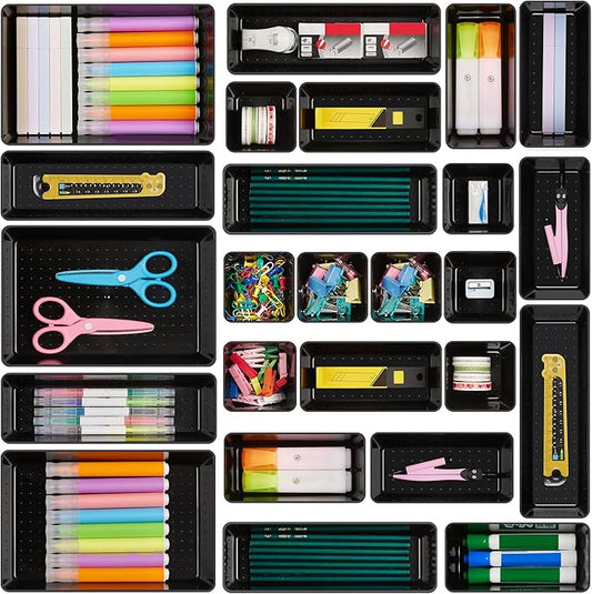 Vtopmart 25 PCS Office Desk Drawer Organizers Set, 4-Size Versatile Plastic Drawer Organizer Trays, Storage Bins for Desk Accessories Office Organizers and Storage, Bathroom, Makeup, Vanity, Black