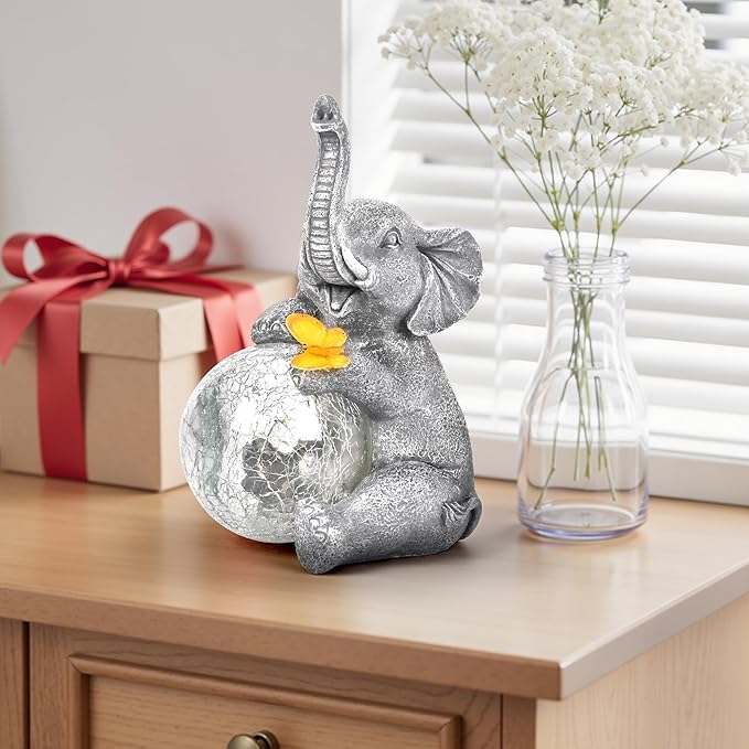 Solar Garden Outdoor Statues for Women, Mom, Grandma. Glass Globe Elephant Figurine Housewarming and Birthday Gifts Elephant Statue Decor for Backyard, Patio, Balcony, Lawn, Pond
