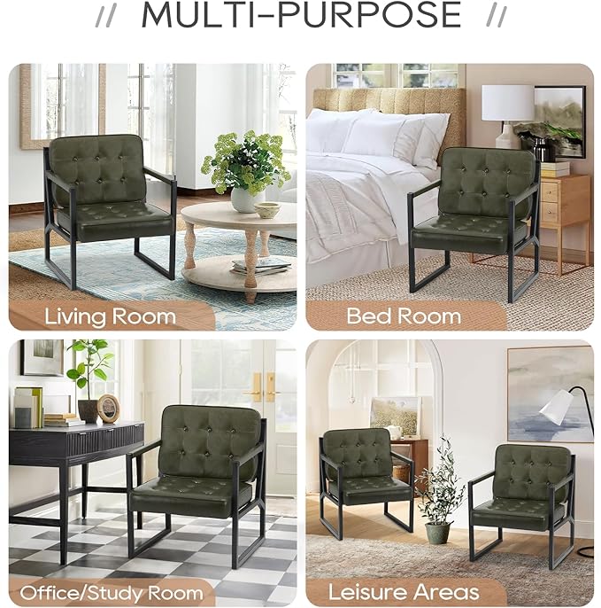 COLAMY Accent Chairs Set of 2, Modern Accent Arm Chairs for Living Room, Comfy Leather Armchairs with Metal Legs for Reception Waiting Room Office Lobby, Green