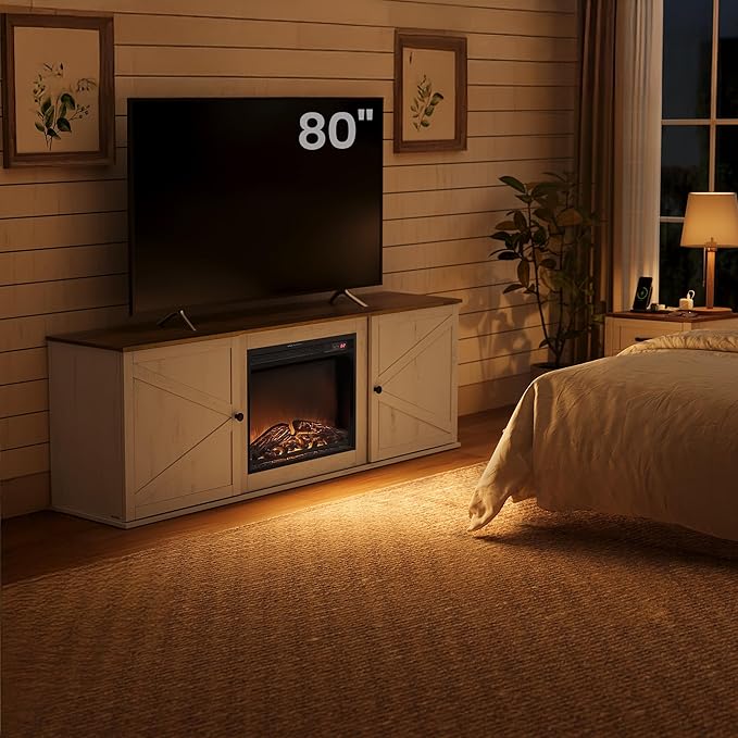 VASAGLE Fireplace TV Stand for TVs up to 80 Inches, 18-Inch ELectric Fireplace with Remote, Farmhouse Entertainment Center, Media Console Table for Living Room, Rustic White and Honey Brown ULTV541W01