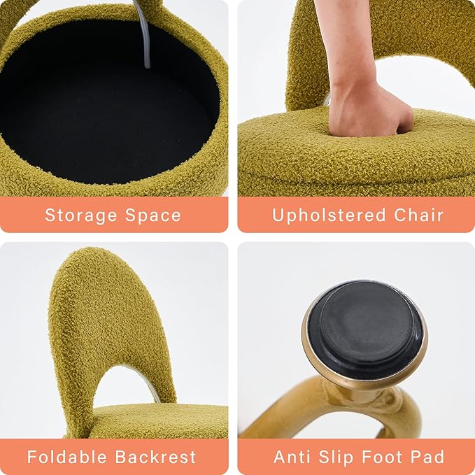 Storage Ottoman Vanity Stool Chair with Folding Back Teddy Velvet Makeup Chair Multifunctional Upholstered Footstool,4 Metal Legs with Anti-Slip Feet for Bedroom Living Room Entryway