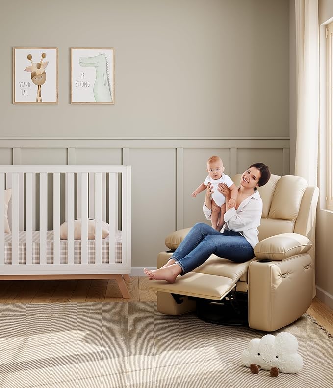 27" Oversized Power Recliner Chair, Faux Leather Rocking Chair with Heat & Massage, 360° Swivel Modern Electric Recliner with Cup Holder ＆ USB Charging for Living Room, Bedroom, Nursery - Beige