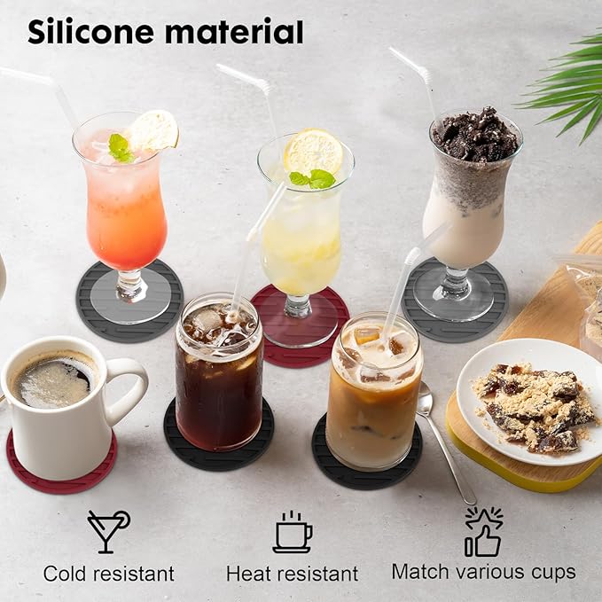 Silicone Coasters for Drinks Coaster Set of 6 pcs Cup Coasters with Holder for Coffee Table for Home Decor for Kinds of Cups Cute Tabletop Protection Suitable Gift for Friend Rubber Drink Coaster Set
