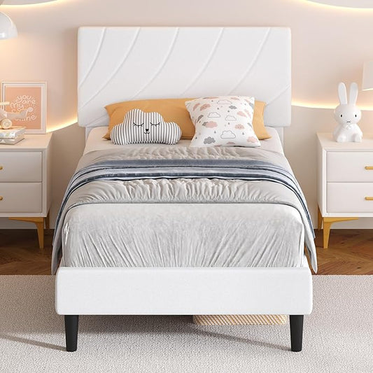 HOMBCK Twin Size Bed Frame, Bed Frame Twin with Linen Fabric Upholstered Headboard and Wooden Slats Support,Adjustable Headboard, No Box Spring Needed, Noise-Free, Easy Assembly, White