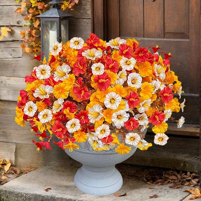 Artificial Fall Flowers for Outdoor, Fake Petunias Plants, Faux Flower, Fake Mums, 4PCS Fall Outdoor Decoration, UV Resistant, Silk Morning Glorias, for Home Garden Porch Planter (Early Harvest)