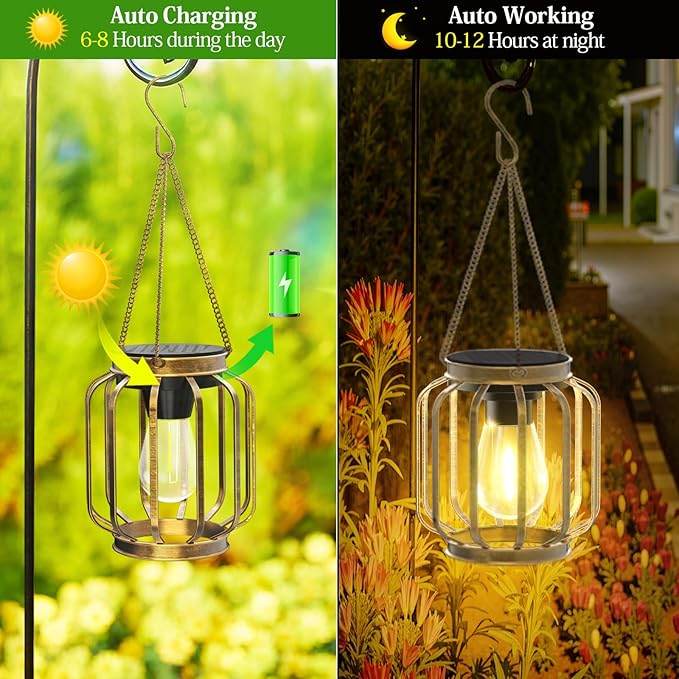 Solar Lanterns, Upgraded Metal Outdoor Lights, Brighter Hanging Solar Lights for Outside Waterproof, Auto On/Off Warm White Lighting for Yard, Garden, Patio, Pathway Decor (Bronze, 2 Pack)