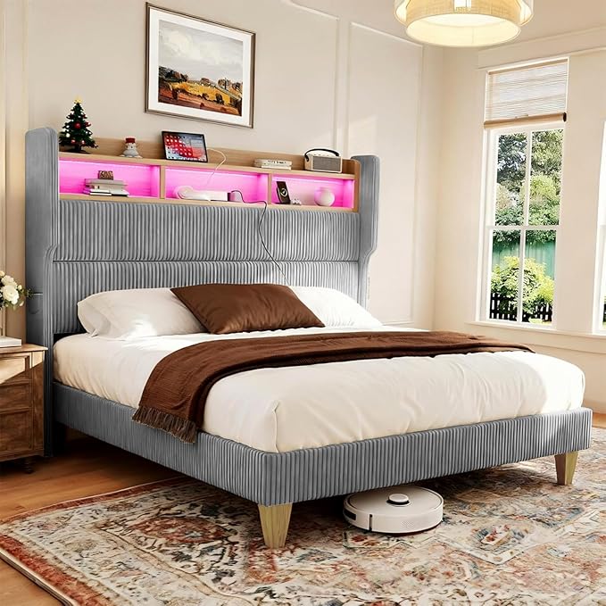 King Size Bed Frame with 51" Tall Corduroy Wingback Headboard and Storage Shelf, Upholstered Platform Bed with LED Lights & Charging Station, No Box Spring Needed, Easy Assembly, Grey