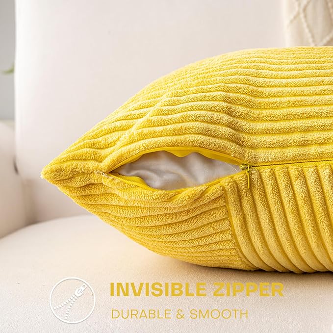 Decorative Throw Pillow Covers 16x16 Inch Set of 2 for Boho Living Room Farmhouse Home Decor, Spring Pillow Covers for Couch Bed, Soft Corduroy Striped Patchwork Cushion Cases, Yellow