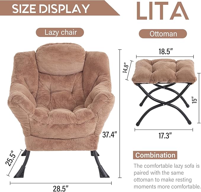 LITA Lazy Chair with Ottoman, Modern Accent Leisure Upholstered Sofa Chair, Lounge Reading Chair with Armrests and a Side Pocket for Living Room, Bedroom & Small Space, Plush Brown