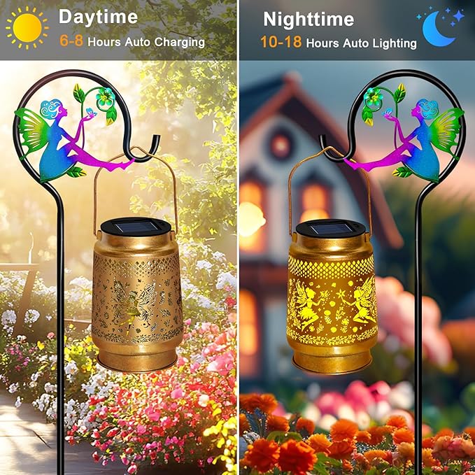 2 Packs Fairy Solar Lanterns Outdoor Waterproof with Shepherd Hook,Hanging Solar Lights Fairy Garden Decor,Christmas Decorations Gifts for Women Grandma,Metal Decorative Lanterns for Yard,Patio,Porch