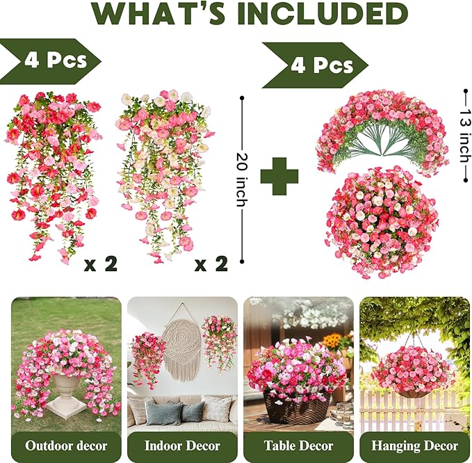 8 Pcs Artificial Hanging Flowers for Outdoor, Fake Silk Petunias Plants Arrangement, for Spring Summer Outdoor Decoration, UV Resistant, Morning Glorias, for Home Garden Decor (Dark Pink&White)