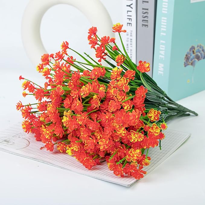 Ouddy Decor 24 Bundles Artificial Fall Flowers for Outdoors Decoration UV Resistant Fake Mums Faux Plastic Plants for Indoor Outdoor Home Garden Porch Autumn Harvest Decor, Orange