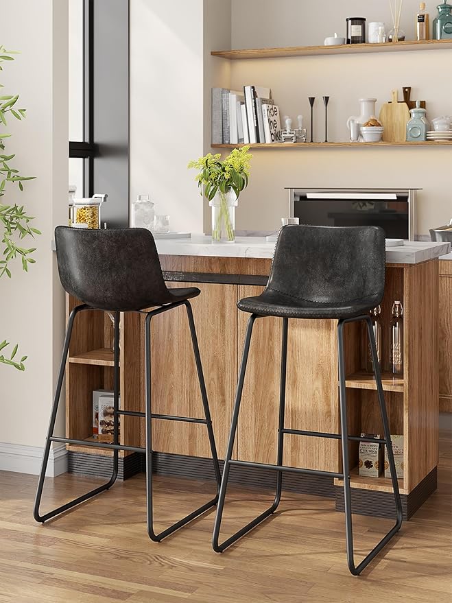Bar Stools Set of 4, 30 Inches Counter Height Bar Stools with Back, Modern Faux Leather Barstools with Metal Legs and Footrest, Bar Chairs for Kitchens Island (Black)