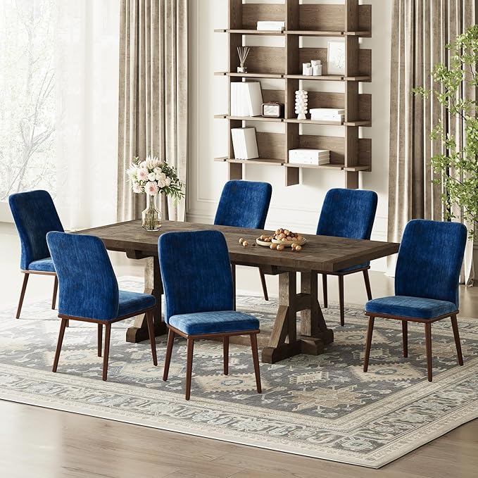 Modern Dining Chairs Set of 4, Upholstered Kitchen Chairs with High Back, Padded Fabric Dining Room Chair with Solid Wood Legs for Restaurant/Cafe/Home, Blue